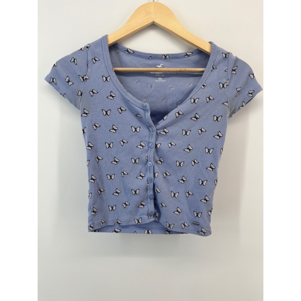 Hollister Must-Have Collection Butterfly Ribbed Baby Tee Blue XS Y2K Whimsical
